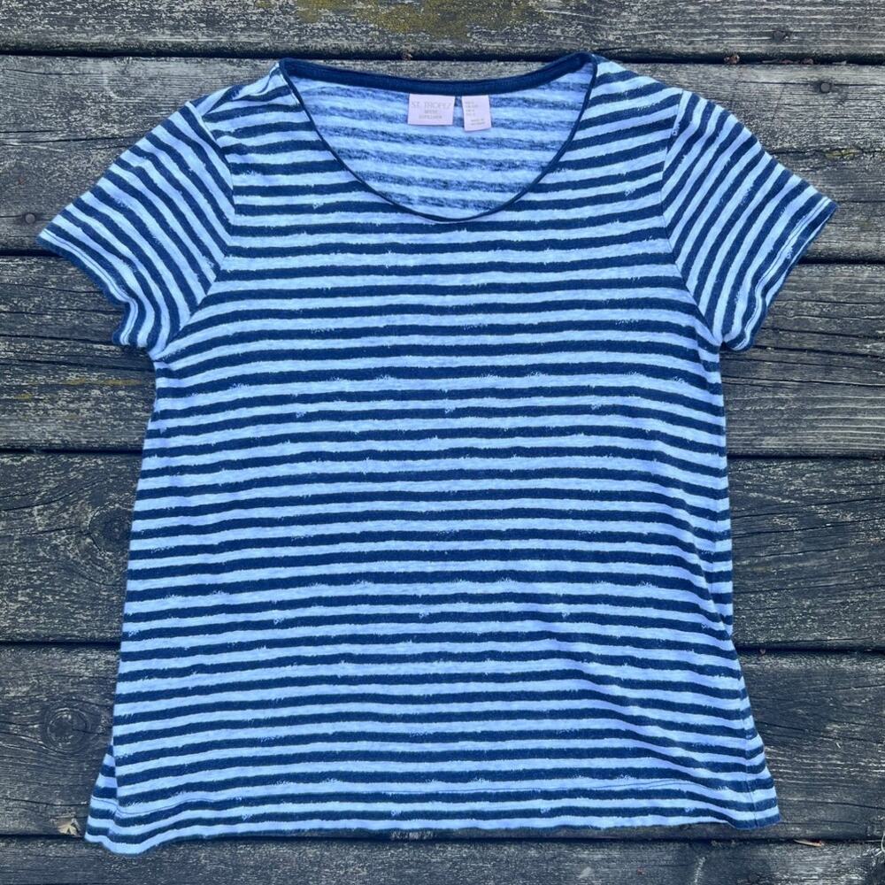 ST. TROPEZ Women's Blue‎ & White Striped 100% Linen Short Sleeve T-Shirt Size S